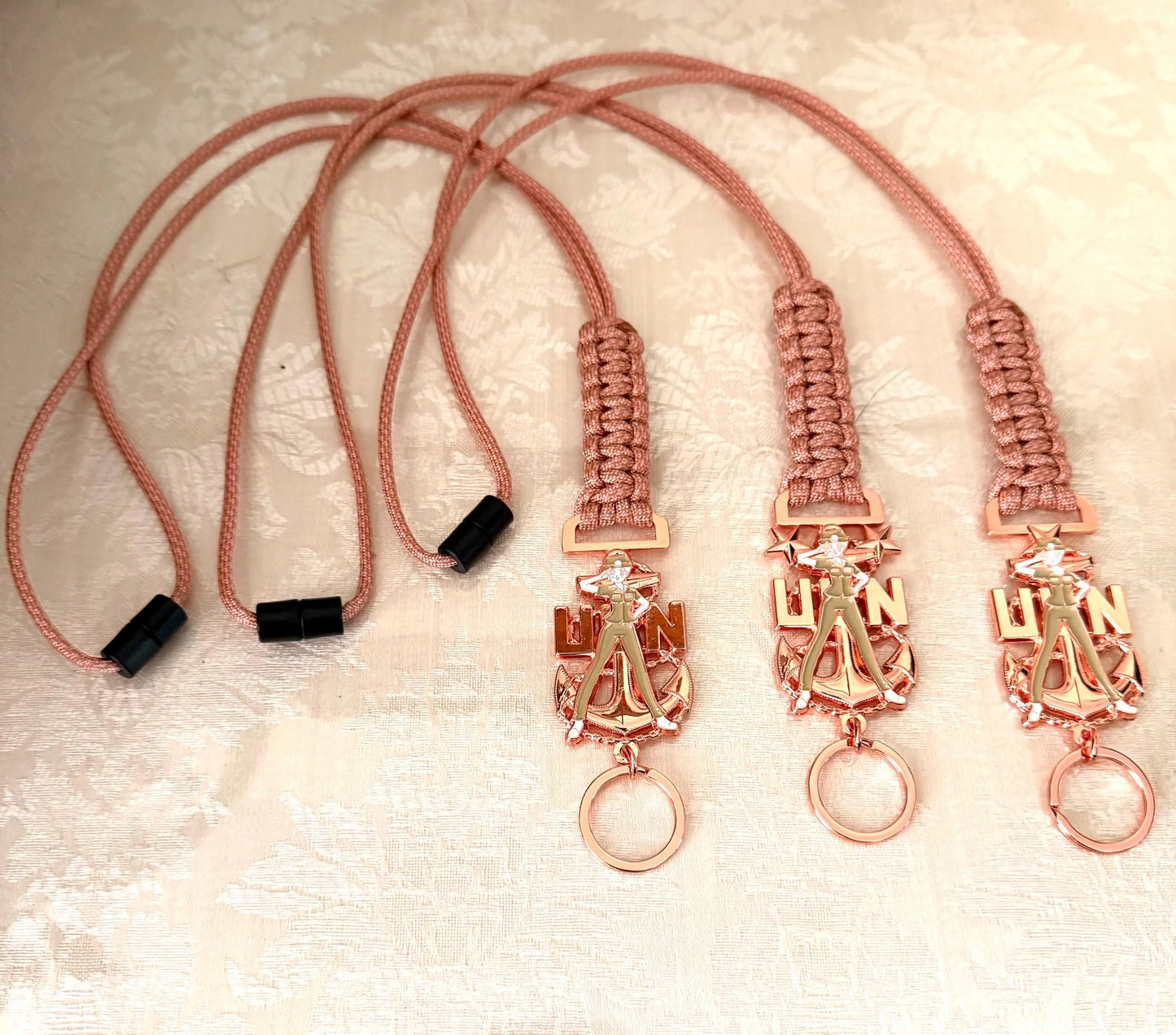 USN E7/E8/E9 Chick Chiefs Rose Gold Anchors with Rose Pink Diamond Paracord Neck Lanyard.