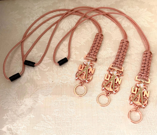 USN E7/E8/E9 Chick Chiefs Rose Gold Anchors with Rose Pink Diamond Paracord Neck Lanyard.