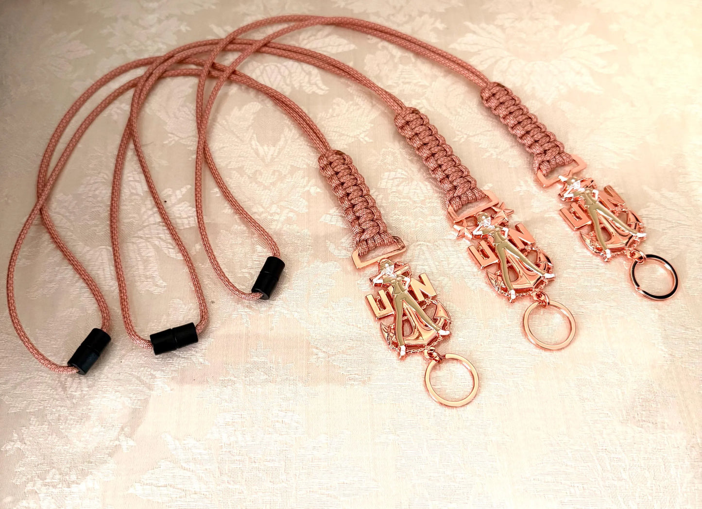 USN E7/E8/E9 Chick Chiefs Rose Gold Anchors with Rose Pink Diamond Paracord Neck Lanyard.