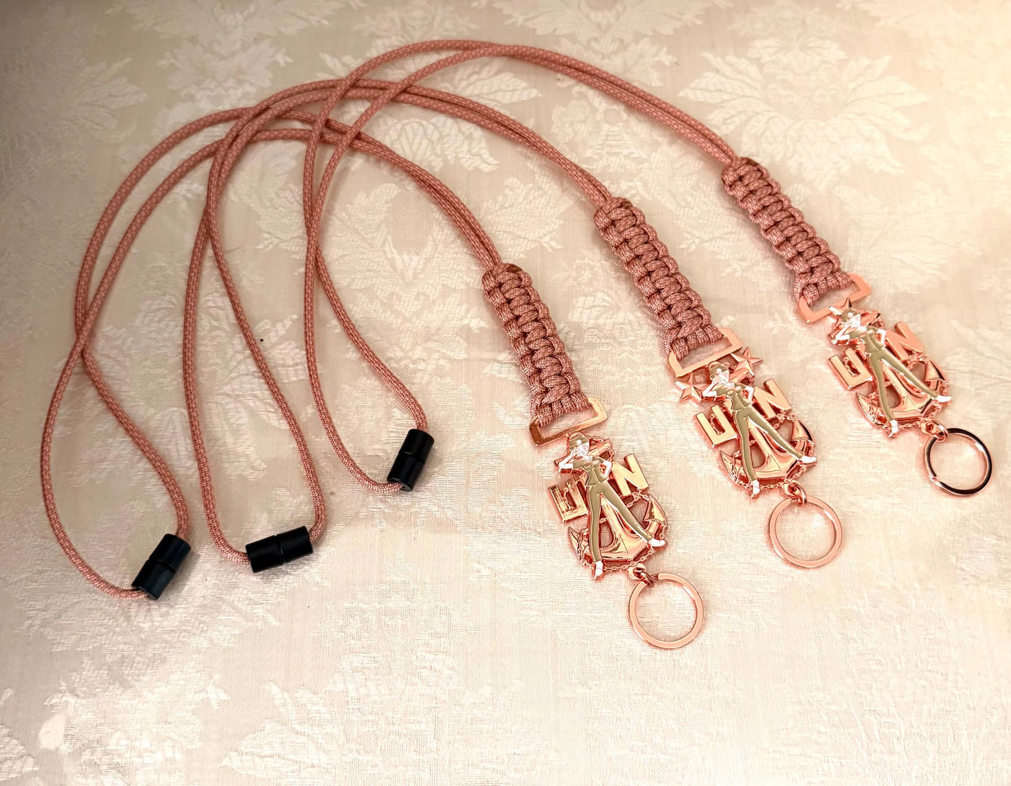 USN E7/E8/E9 Chick Chiefs Rose Gold Anchors with Rose Pink Diamond Paracord Neck Lanyard.