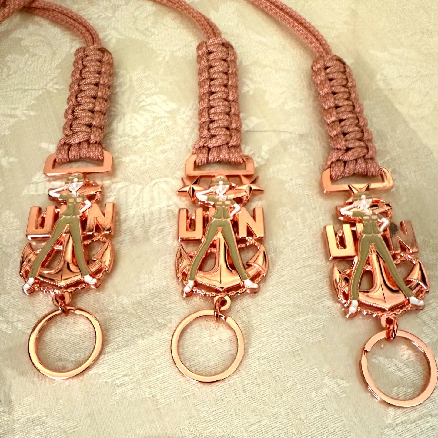 USN E7/E8/E9 Chick Chiefs Rose Gold Anchors with Rose Pink Diamond Paracord Neck Lanyard.