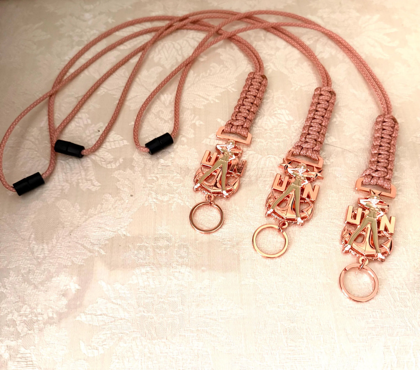 USN E7/E8/E9 Chick Chiefs Rose Gold Anchors with Rose Pink Diamond Paracord Neck Lanyard.